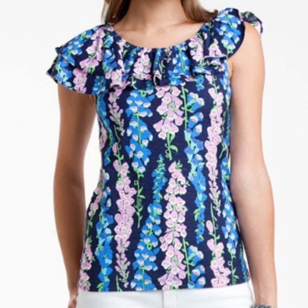 Lilly Pulitzer Wynne navy blue bells jersey knit ruffle top size small - Picture 1 of 5